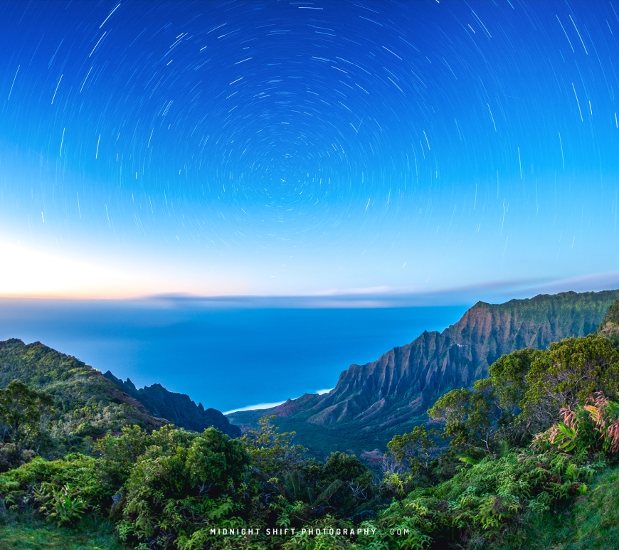 Star Trails over Kalalau Lookout on the island of Kauai, Hawaii.