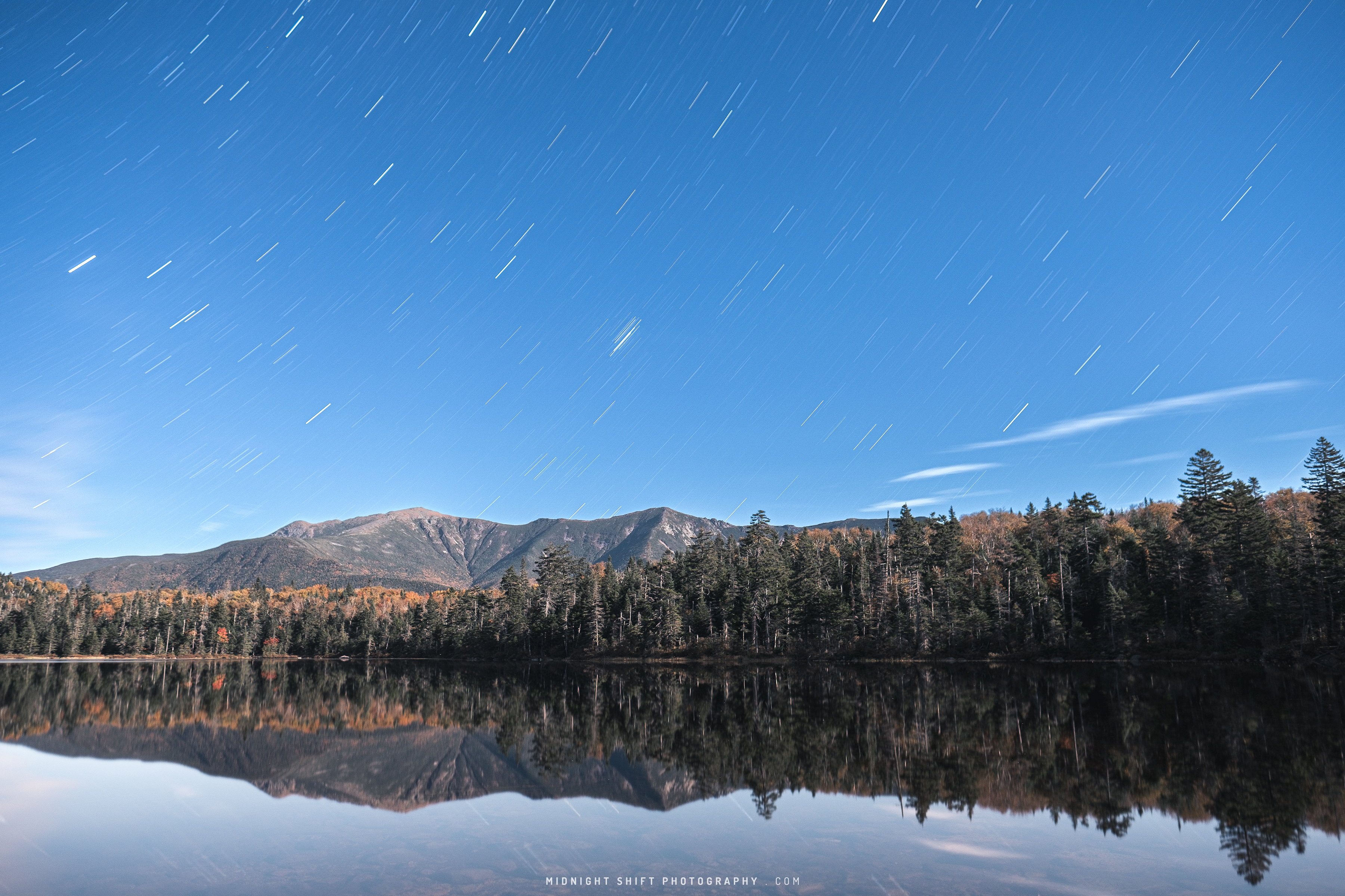 Star trails captured above Lonesome Lake in New Hampshire